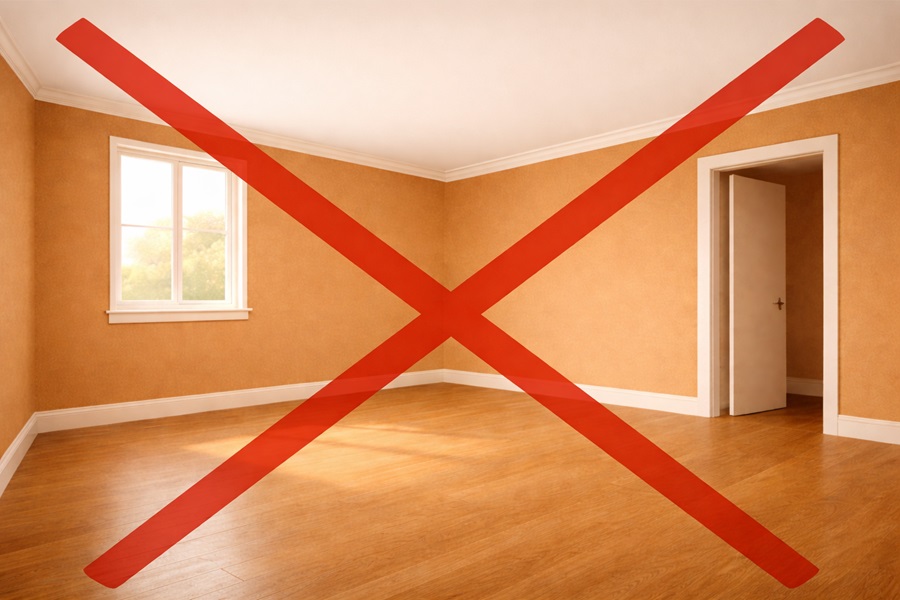 Contrasting white trim marked with a red X in a painted room