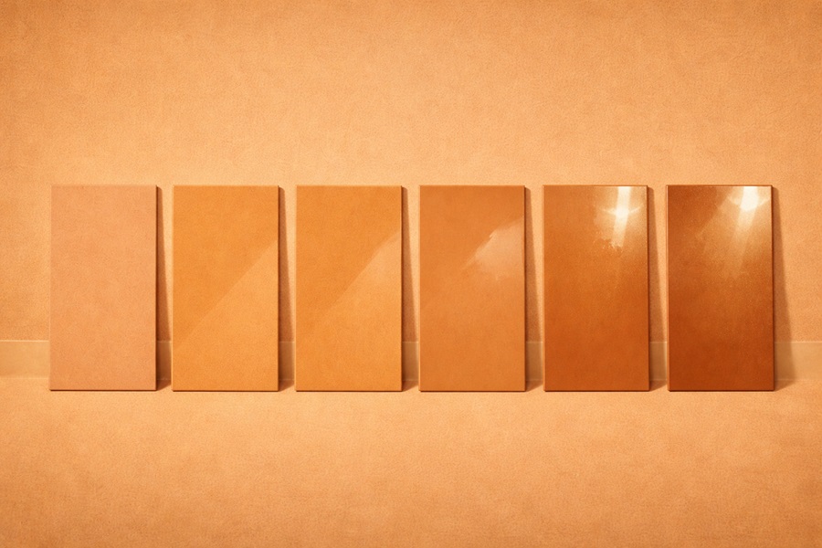 Paint sheen samples from flat to high gloss on boards