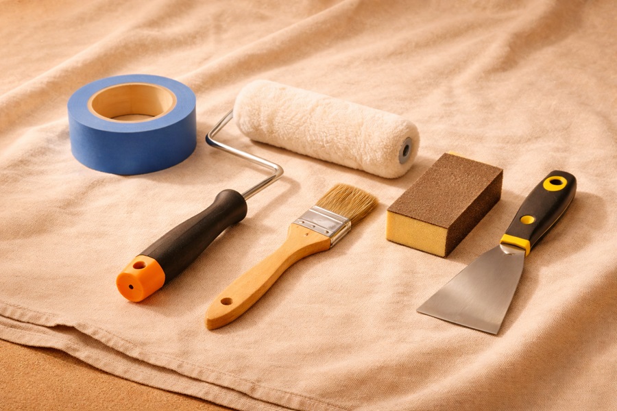 Prep tools for painting including tape roller sandpaper and drop cloth