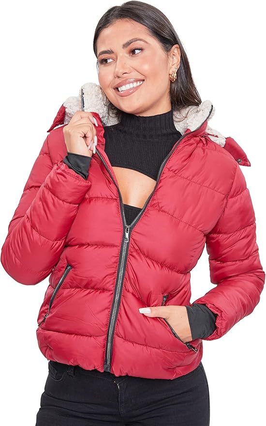 YMI womens Ymi Women's Junior Full Length Puffer Jacket With Sherpa Collar & Detachable Sherpa Hood