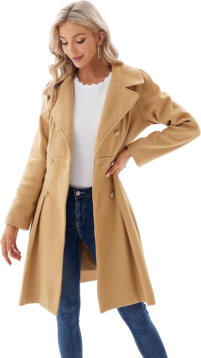 GRACE KARIN Fall Elegant Lapel Double Breasted A Line Long Pea Coats for Women Khaki M 